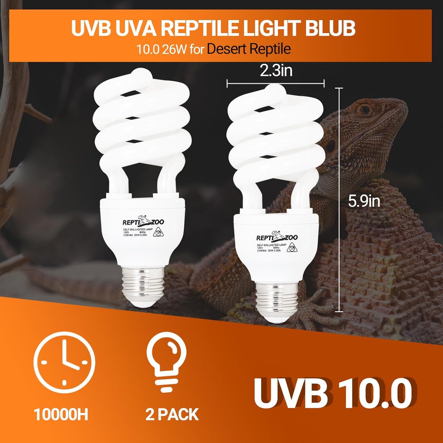 REPTI ZOO UVB Light for Desert Reptile 2 Pack, 10.0 26W UVA UVB Reptile Light Bulb, UVB Spiral Compact Lamp for Bearded Dragons Tortoises Lizards Snakes
