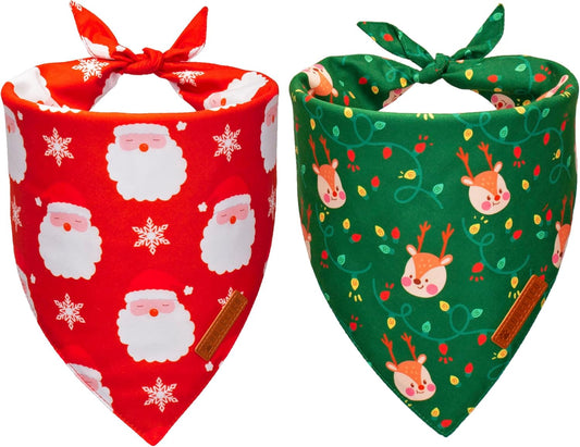 ADOGGYGO Christmas Dog Bandanas 2 Pack, Santa Deer Pattern Pet Xmas Scarf Bib, Premium Durable Fabric, Pet Christmas Bandanas for Medium Large Dogs (Large)