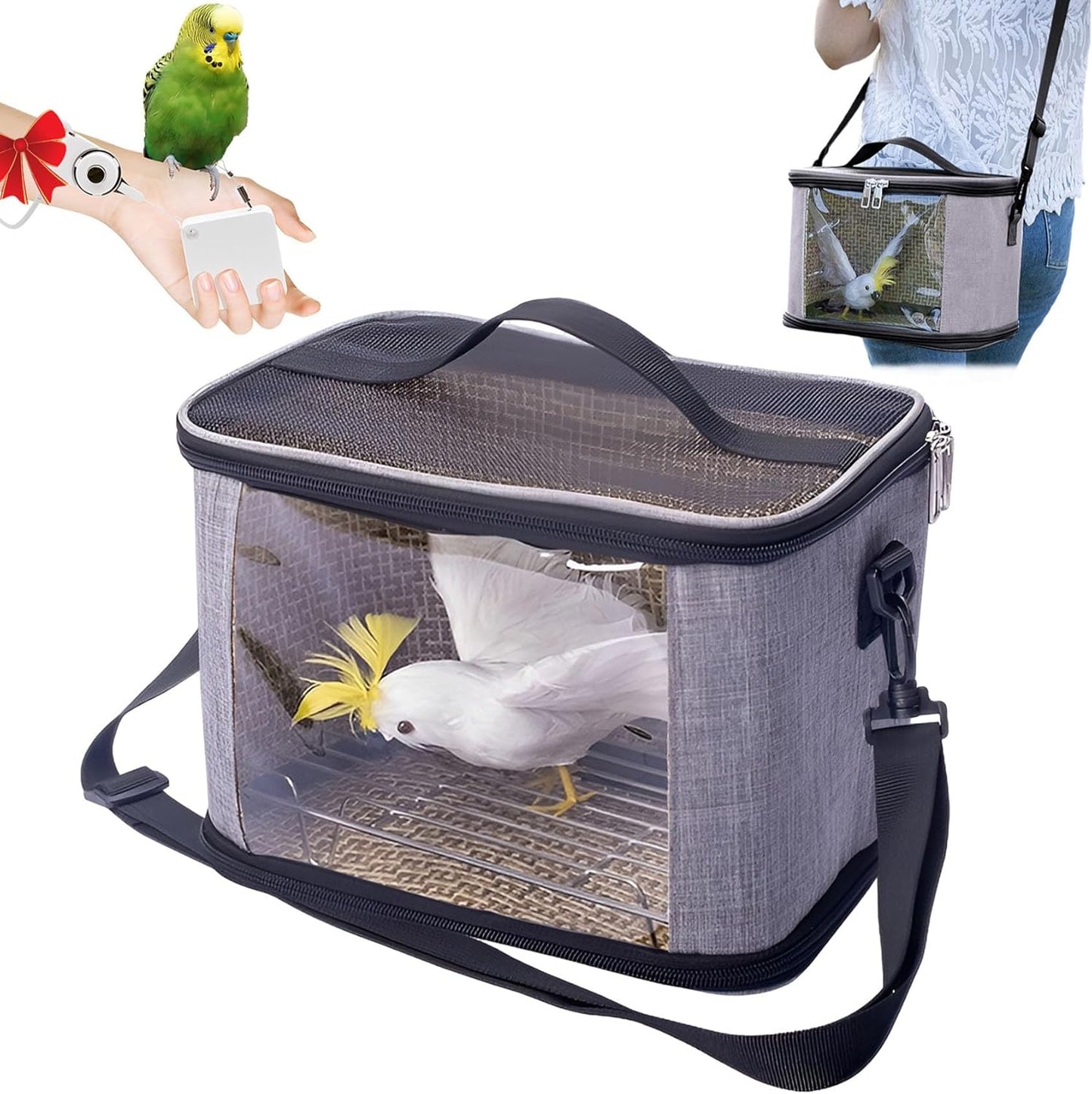 Bird Travel Carrierm, Small Bird Travel Backpack Carrier Cage with Tray and Breathable Clear Window, for Parakeet Cockatiel Budgies, for Camping Hiking (Gray)