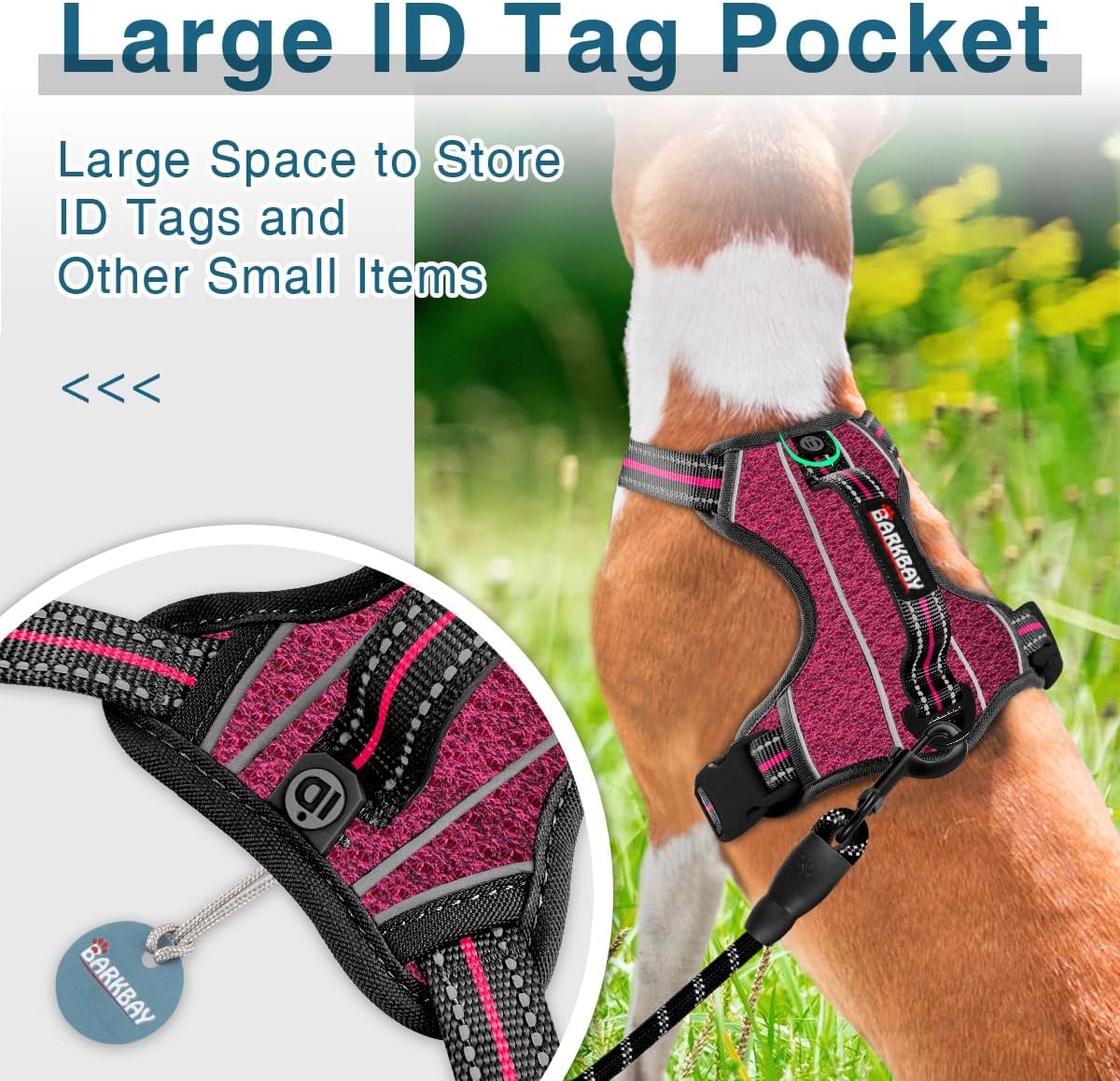BARKBAY Dog Harness No Pull with ID Tag Pocket - Heavy Duty, Reflective, Easy Control for Large Dogs(Pink/Black,S)