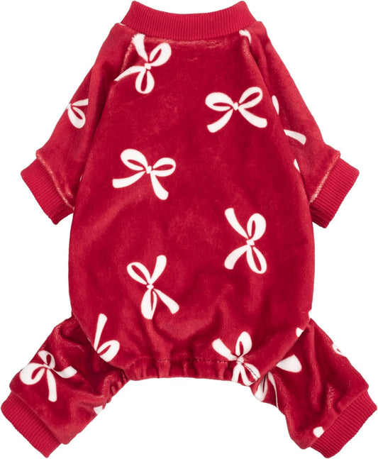 Fitwarm Bowknot Dog Pajamas, Warm Clothes for Small Dogs Girl, Fleece Pet Onesie with Feet, Burgundy Red, White, Medium
