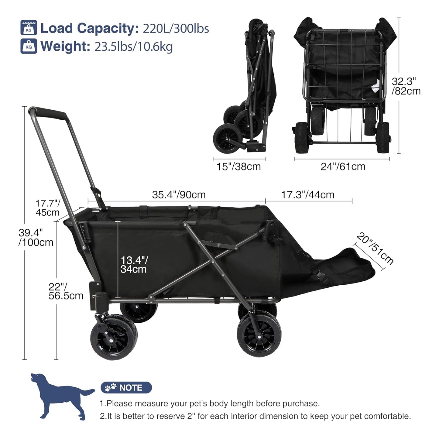 REDCAMP Folding Dog Wagon Cart with Tailgate Heavy Duty, 220L Large Collapsible Utility Cart Dog Stroller with Extendable Rear End for Sports Shopping Pet, Dark Black