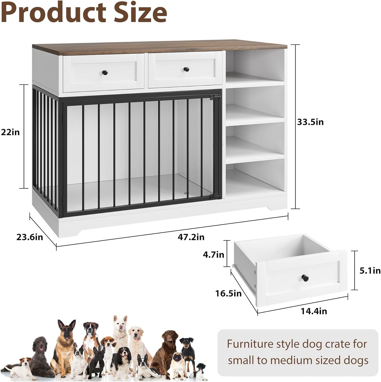 Dog Crate Furniture 47", Large Dog Crate TV Stand with 2 Drawers and 4 Shelves, Wooden Dog Kennel Indoor, Decorative Dog Cage with Storage for Large Dogs, White