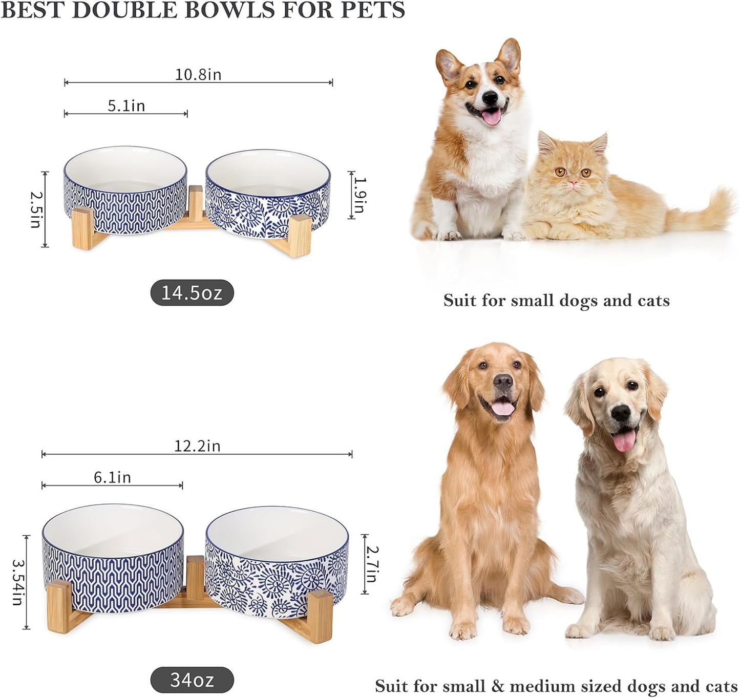 Selamica Ceramic 14 OZ Dog Bowls, Dog Food and Water Bowls with Wooden Stand, Anti-Slip Dog Dishes Set for Cats & Small Dogs, Weighted Pet Bowls Set of 2, Vintage Blue B