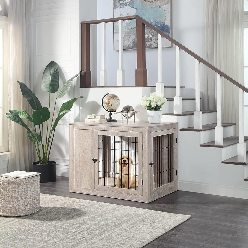 unipaws 41 Inch Furniture Style Dog Crate for Medium Large Dogs, Indoor Aesthetic Dog Stuff Kennel, Modern Wood Wire Cage, Pretty Cute End Side Table Nightstand, Weathered Grey