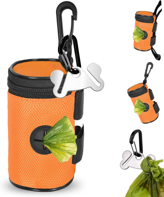 Dog Poop Bag Holder for Leash Attachment - Waste Bag Dispenser for Leash - Fits Any Dog Leash - Portable Set with Hand Free Holder Metal Carrier, Round Shape, Orange