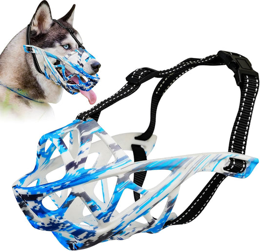 Dog Muzzle for Large Dogs, Breathable Basket Muzzles for Small, Medium and X-Large Aggressive Dog, Allows Panting Drinking, Suitable for Grooming Trimming Training (Camouflage Blue, S)