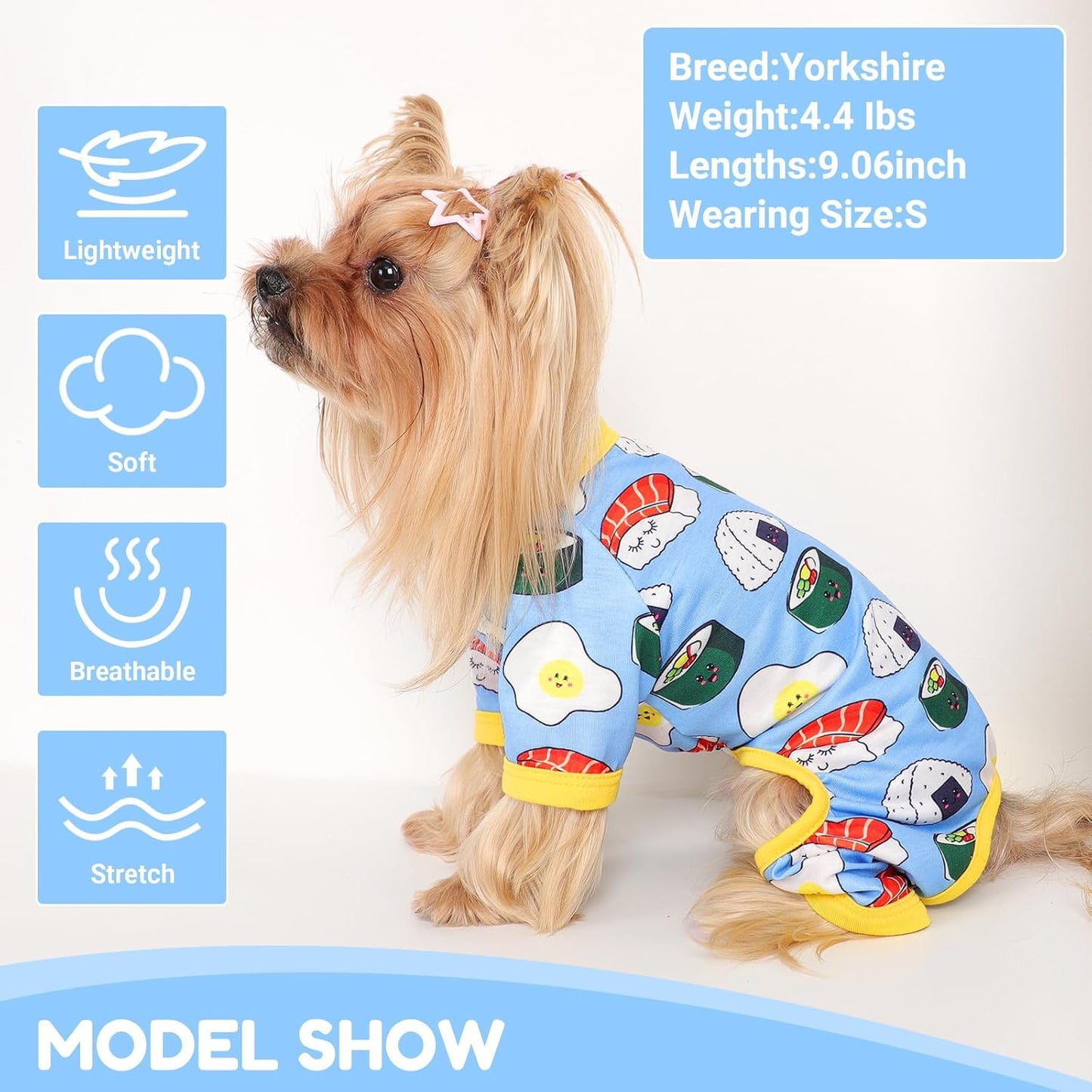 Dog Pajamas Small Sized Dogs Stretchable Summer Dog Clothes Pjs 4 Legs Girl Boy Cute Soft Puppy Outfits Doggie Cat Jammies Jumpsuit Sleeper for Pet (Bread, Small)
