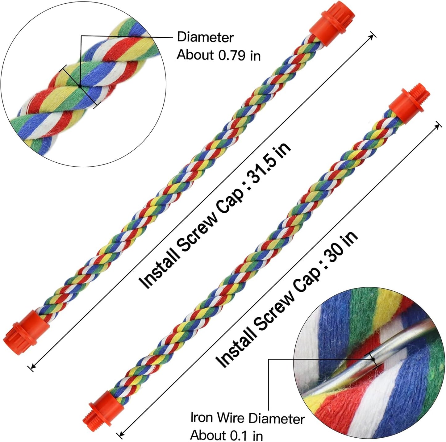 Bird Rope Perches for Parrots, Cockatiels, Parakeets, Budgie Cages Comfy Birds Colorful Rope Toy (31.5inch Plastic nut)
