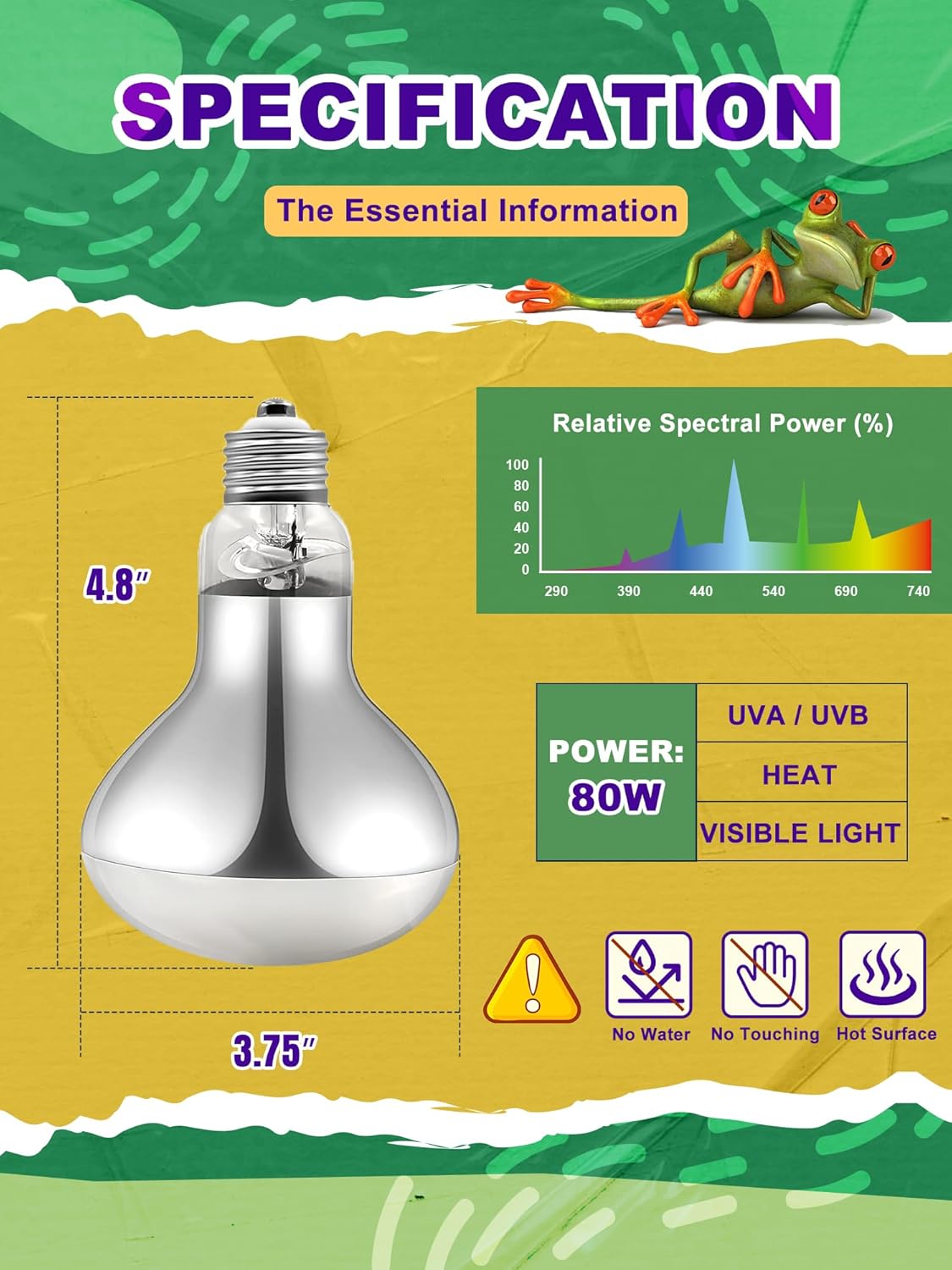 Heat Lamp Bulb, 80 Watt Pack of 2 Full Spectrum UVA UVB Reptile Heat Bulb, Basking Spot Light, Simulate Natural Sun Light for Reptile and Amphibian (Pack of 2)