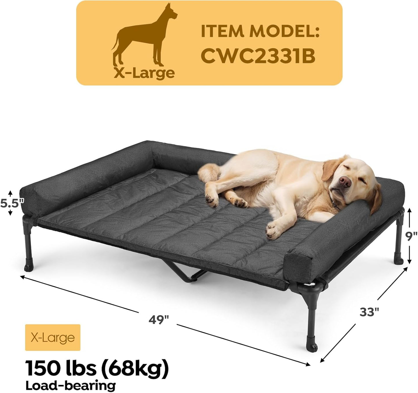 Veehoo Cooling Elevated Dog Bed Add Removable Waterproof Bolster Cushion Mat, Raised Pet Cot with Breathable Teslin Mesh, No-Slip Feet, Dog Sofa Bed for Indoor Outdoor, XLarge, Black CWC2331B