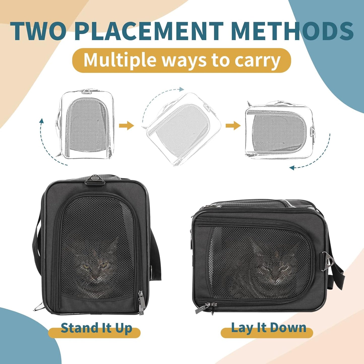 Petsfit Two-Way Placement Pet Carrier Airline Approved, Cat Carriers for Kittens, Puppies,Rabbit,Hamsters, Washable,Black
