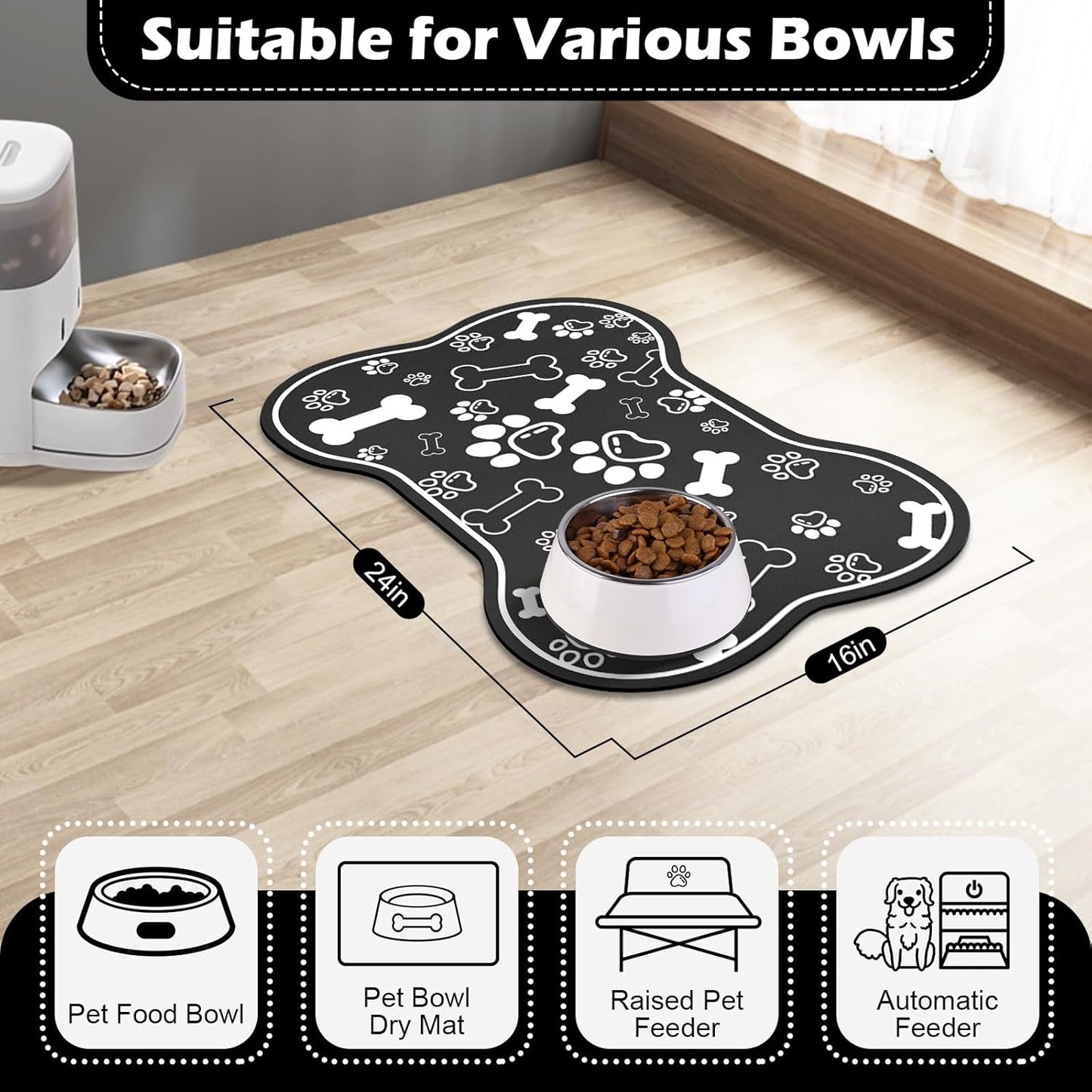 Dog Cat Food Mat,Rapid Absorbent Pet Feeding Mat, Bone Shaped Dog Placemat Water Bowl Mat with Rubber Backing,No Stains Dog Cat Food Mats Indoor, Pet Accessories Supplies 16"×24" Black