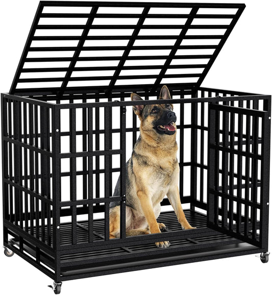 48 Inch Heavy Duty Dog Crate Kennel with Wheels, High Anxiety Indestructible Dog Crates for Large Dogs, XL XXL Extra Large Dog Crate with Removable Plastic Tray, Two Locks (Black, Square)