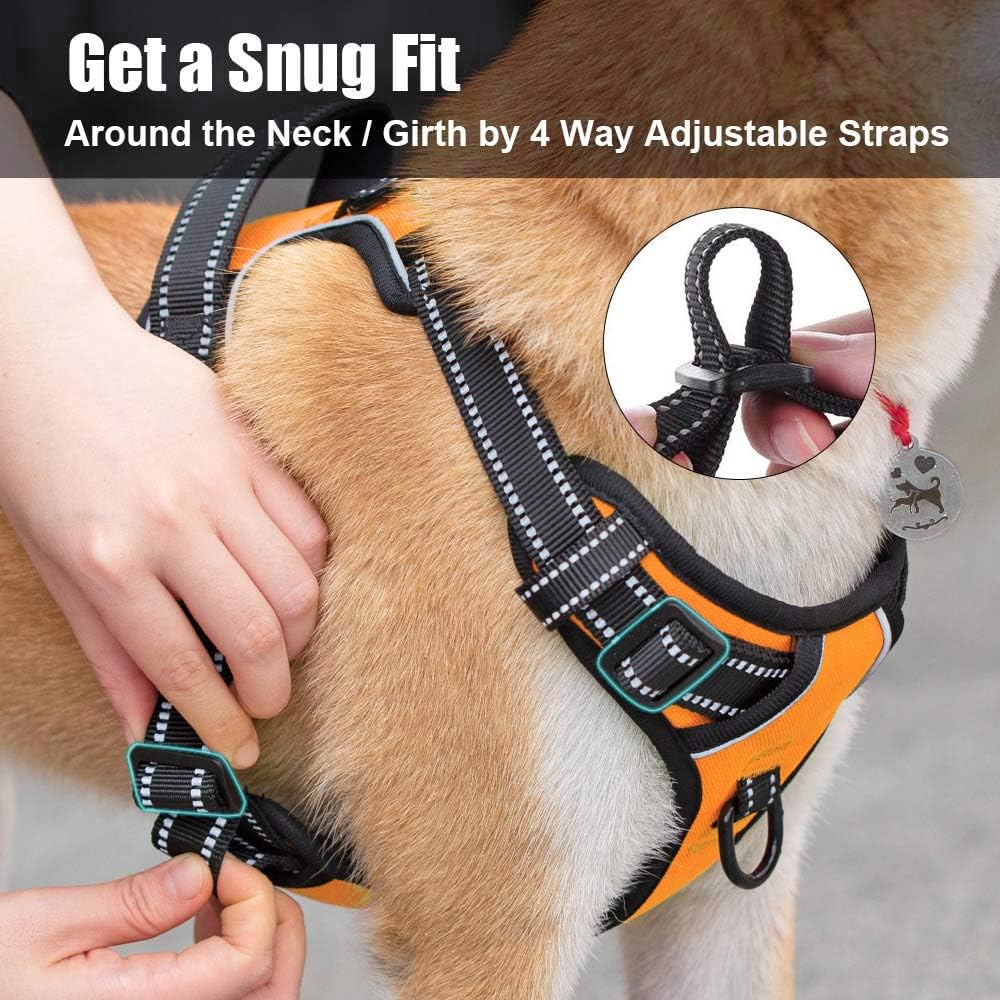 PoyPet No Pull Dog Harness, Reflective Comfortable Vest Harness with Front & Back 2 Leash Attachments and Easy Control Handle Adjustable Soft Padded Pet Vest for Small to Large Dogs (Orange,L)