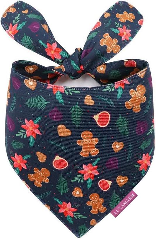 LunaMarie - Luxury Pet Birthday Bandanas -Premium & Silky Poly Fabric | 100% Handmade | Custom Shape Dual Layered (Gingerbread & Figs, Medium)