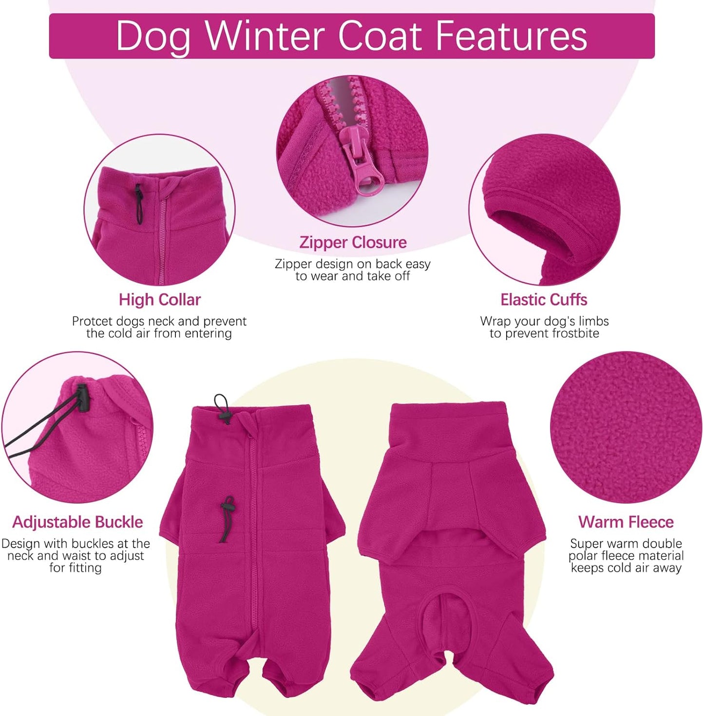 ROZKITCH Fleece Dog Sweater, Pet Windproof Warm Cold Weather Jacket Vest Cozy Jumpsuit Apparel Outfit Clothes for Small Medium Large Dog Walking Hiking Sleep Pink XS