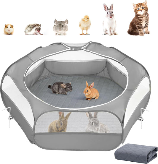 2-in-1 Small Animals Playpen with Pad, Waterproof Small Pet Cage Tent with Reusable Pad, Portable Outdoor Yard Fence with 3 Metal Rod for Chick/Kitten/Puppy/Guinea Pig/Rabbits/Chinchillas, Gray