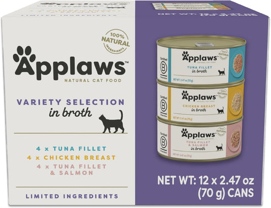 Applaws Natural Wet Canned Cat Food, Made with Limited and Natural Ingreidents, Real Protein with No Artificial Additives, Variety Pack in Broth (12 x 2.47oz Cans)
