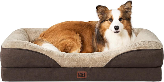 EHEYCIGA Memory Foam Dog Bed for Large Sized, Orthopedic Dog Sofa with Sides and Waterproof Liner, Washable Bolster Pet Couch with Removable Cover, 41x27x7.5 Inch, Brown
