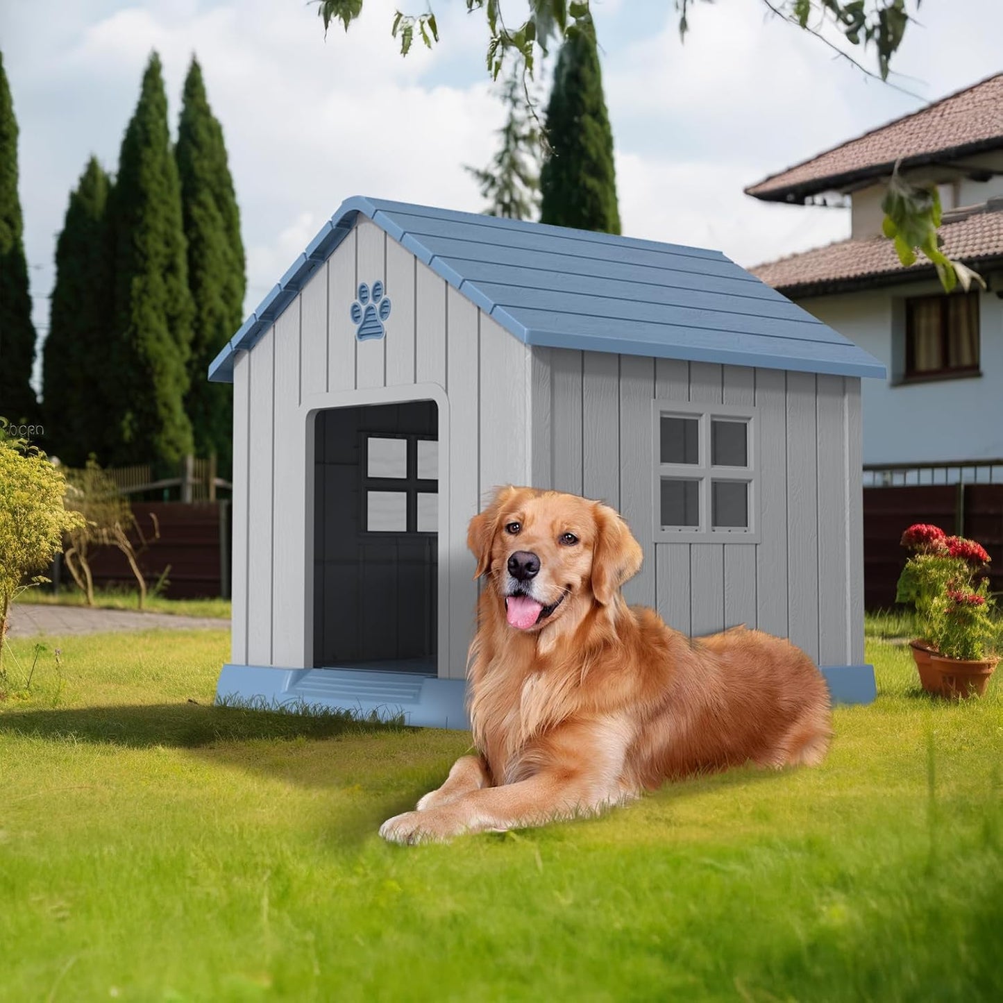 DRATO Dog House Indoor Outdoor for Small to Large Sized Dogs Indoor Outdoor Doghouse Puppy Shelter with Elevated Floor, Easy to Assemble (Blue, 38Inch(37.8 * 40.87 * 38.82))