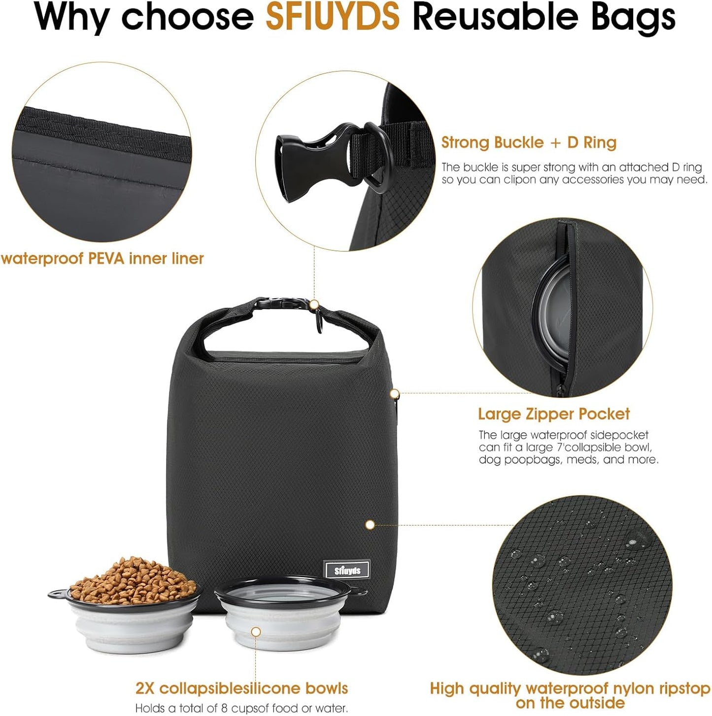 Pet Food Storage Bag，Dog Food Travel Bag with 2PCS Collapsible Dog Travel Bowls,Waterproof Kibble Storage Container for Road Trips, Camping (Black, Small)