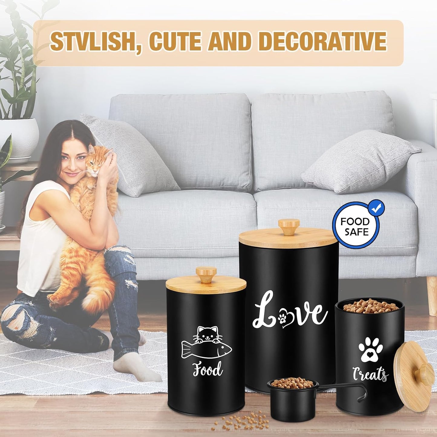 Metal Airtight Cat Treat Container Set of 3 with Bamboo Lids and Spoon Cat Food Storage Container with DIY Labels Pen Pet Cookie Snack Food Storage Organizer Jars for Kitchen Counter(Black)