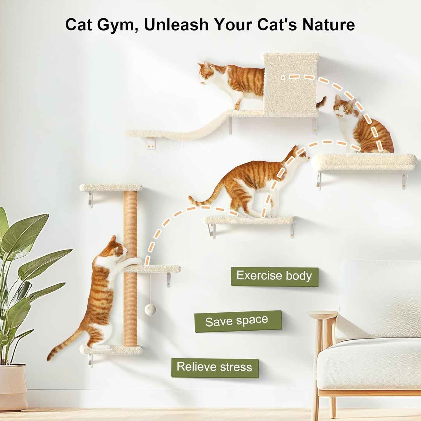 FUKUMARU Cat Wall Shelves, Stable & Safe 4 in 1 Large Cat Walls Furniture Set, Wooden Kitten Climbing Wall with Scratching Post for 16 Inch Drywall - Beige