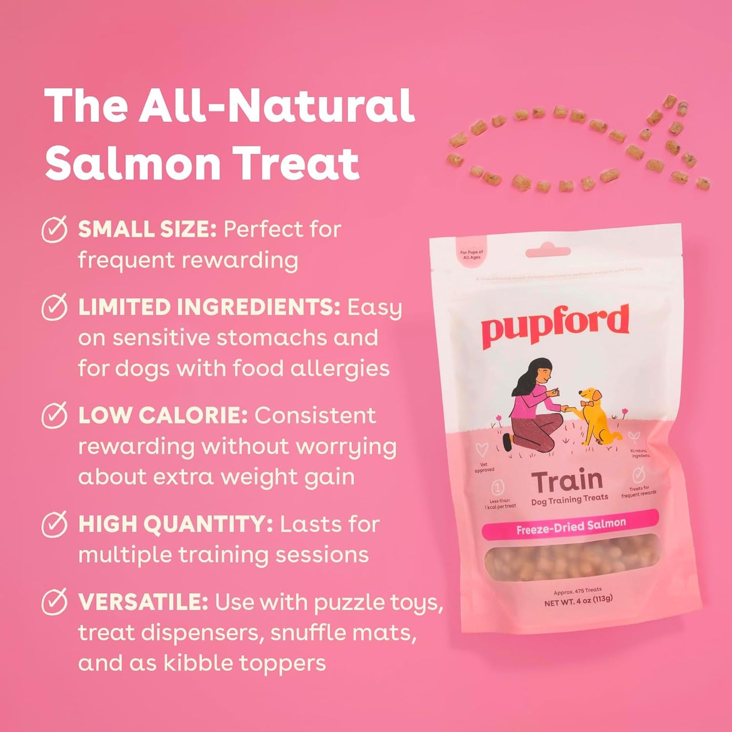 Pupford Freeze Dried Training Treats for Dogs & Puppies, 1400+ Two Ingredient Bites (Salmon, 4 oz, 3 Pack)