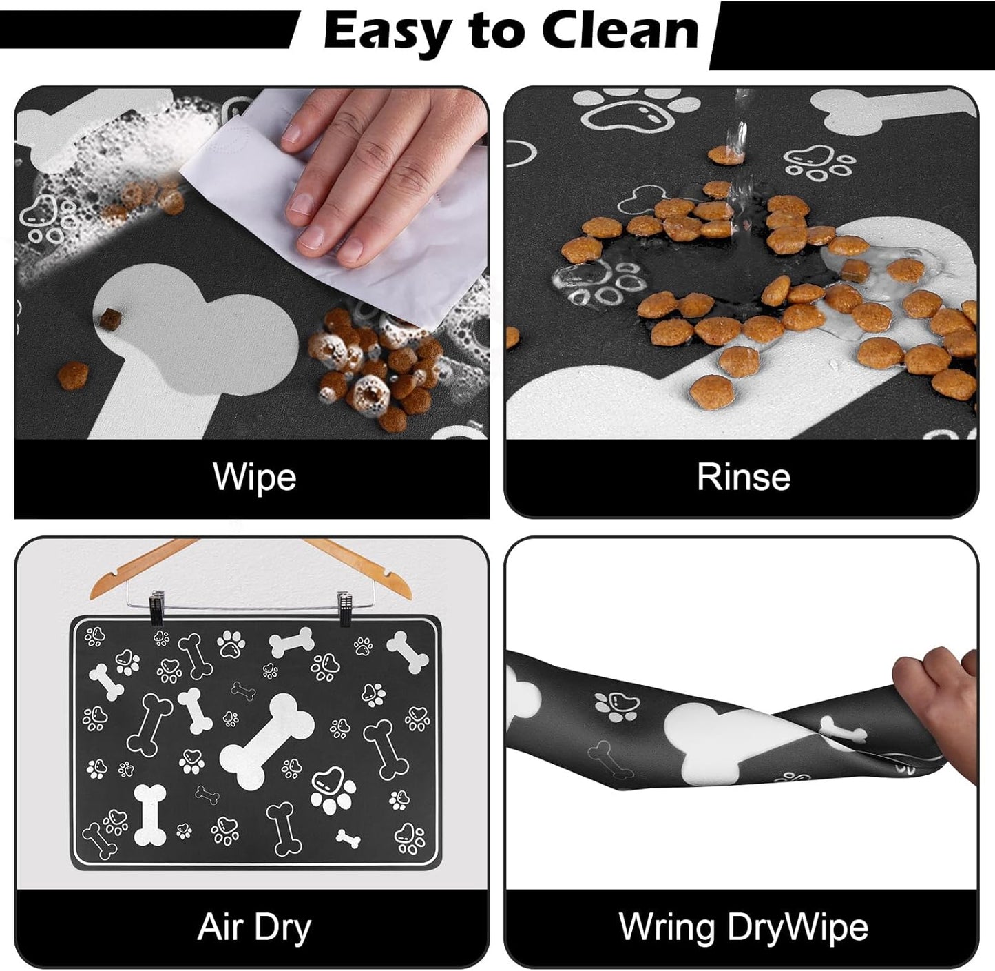 Pet Feeding Mat,Rapid Absorbent Mats for Dog Cat Food, Dog Placemat Water Bowl Mat with Rubber Backing,Messy Drinkers to Protect Floors, Pet Accessories 12"x18" Black