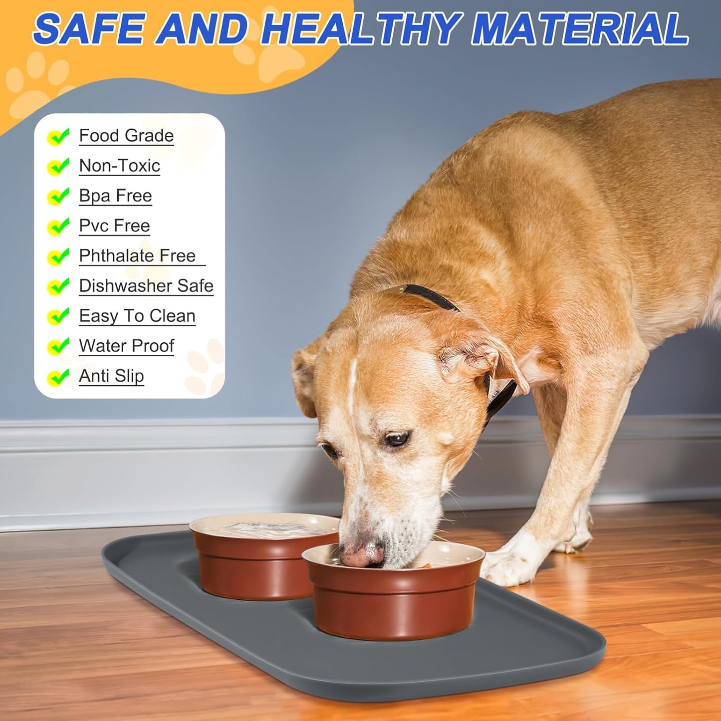 Silicone Pet Feeding Mat with Raised Edge for Food and Water, Dog Bowl Mats, Cat Bowls Placemat with High Lip for Floor Waterproof, Rubber Tray for Cats and Dogs 19 x 12 x 0.7 Dark Grey