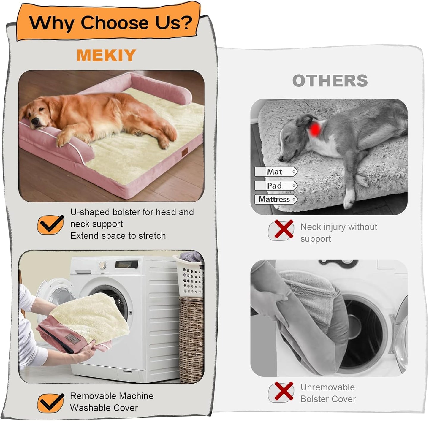 Large Dog Bed Orthopedic Washable - Couch Sofa - XXL Large Big Dogs - Beds Bolster Pet - Memory Foam - Waterproof with Removable Cover - Pink Dog Bed