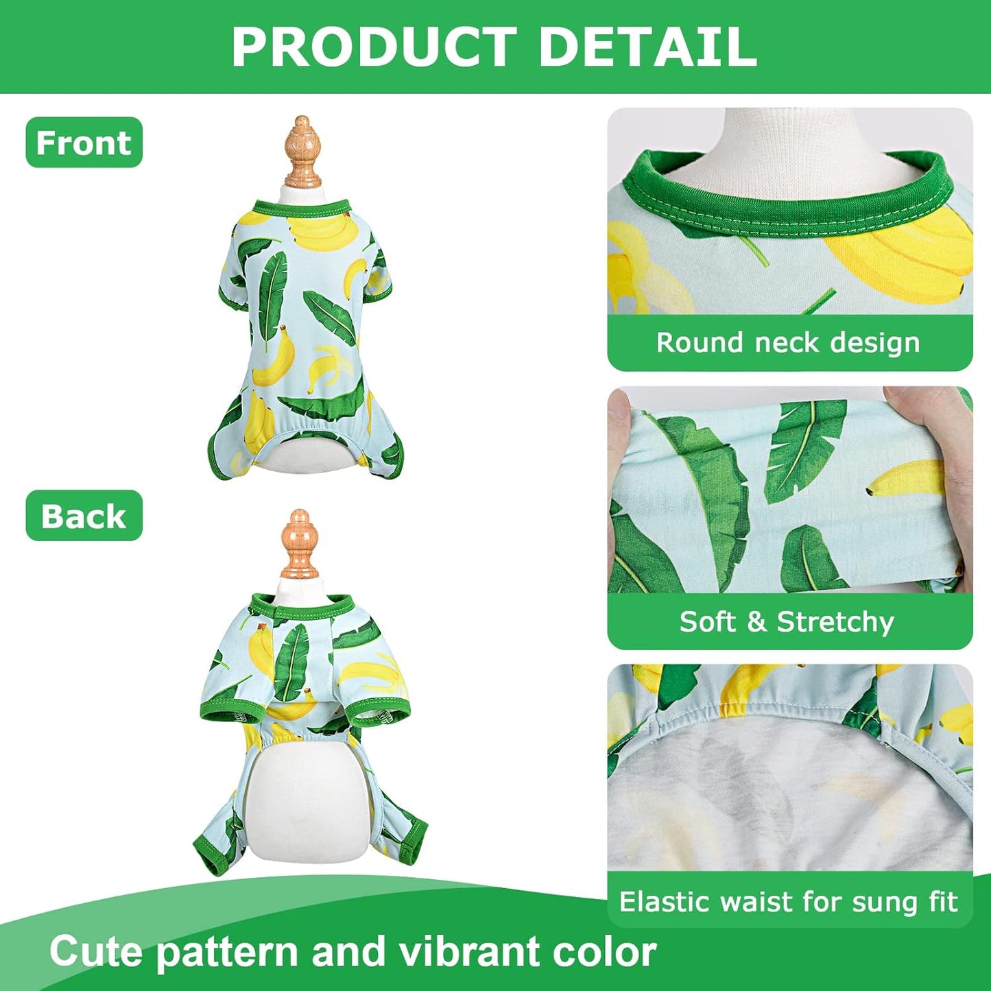 PinkBow Dog Pajamas, Banana Graphics, X-Small, 1.5-3.3lb, Polycotton, for Small Dogs & Cats