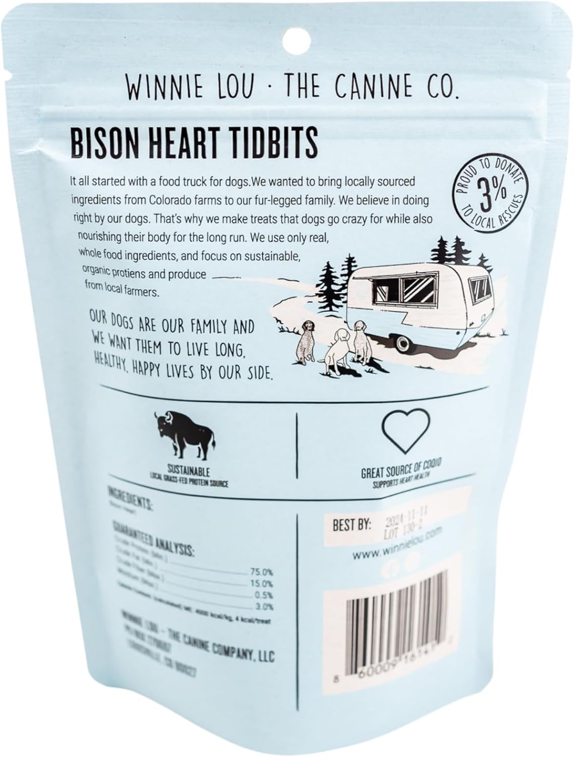 Winnie Lou The Canine Co. Freeze Dried Bison Heart Tidbits - Single Ingredient, Human-Grade, No Artificial Flavors or Fillers, Perfect for Training (Pack of 1)