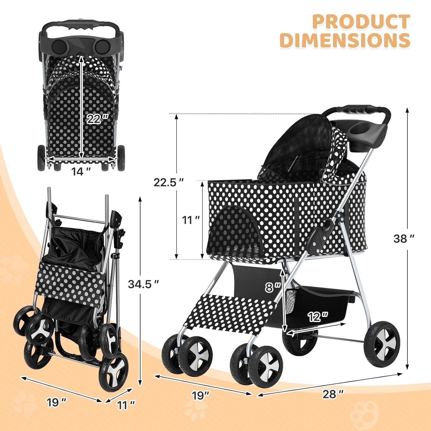 Magshion Foldable Pet Stroller, 3-in-1 Dog Travel Jogger with Detachable Carrier, Cup Holder, Storage Basket, Folding Carrier for Small/Medium Dogs & Cats Up to 33 lbs, Black Polka Dots