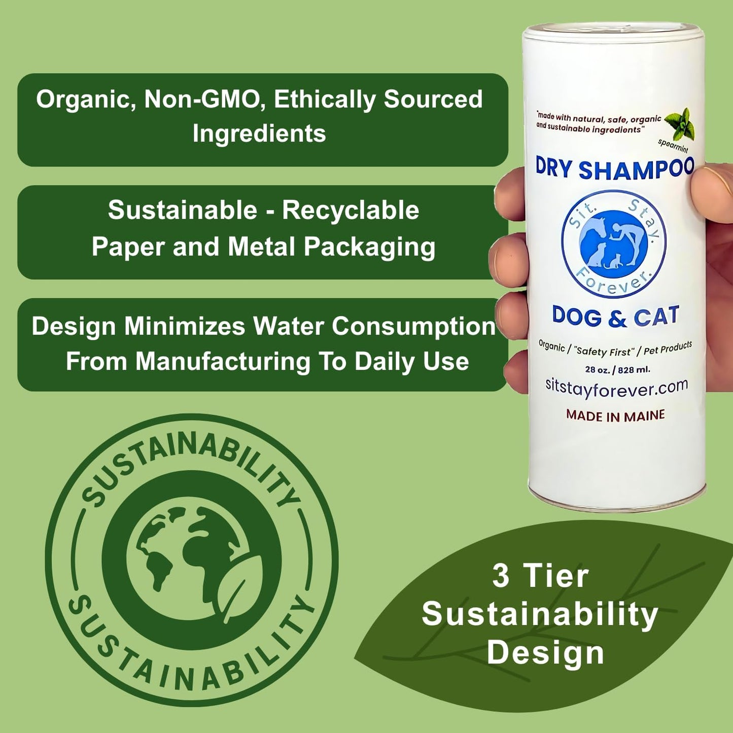 Sit. Stay. Forever. Dry Shampoo for Dogs & Cats – Organic Dry Bath Powder, Talco para Perros, Hypoallergenic, Odor Control for Smelly Dogs, No-Rinse, Anti-Itch, Safe & Natural, Made in The USA, 28 oz