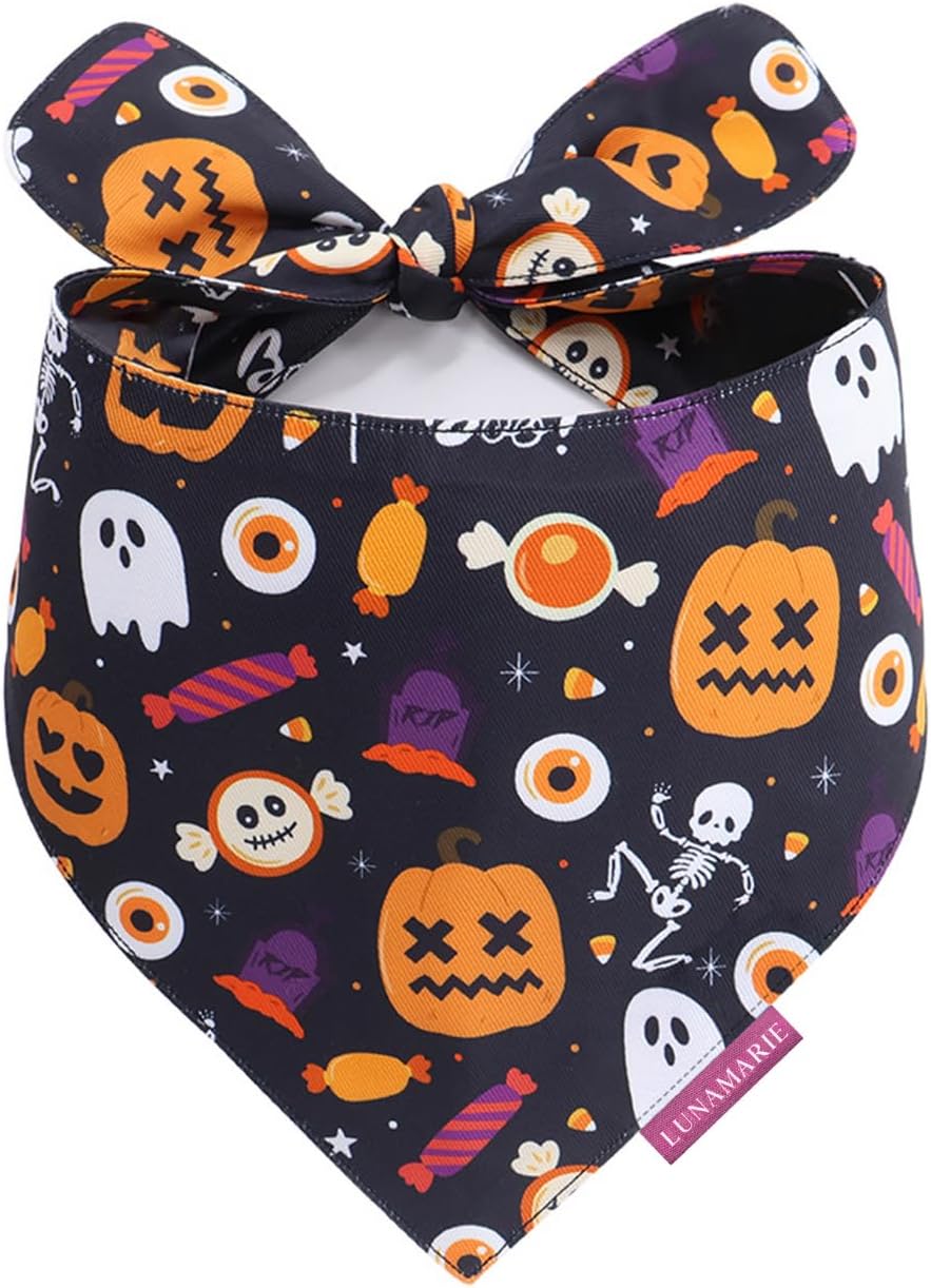 LunaMarie - Luxury Cat and Dog Bandanas - Halloween Designs | Premium Silky Poly Fabric | 100% Handmade Custom Shape Dual Layered Small, Medium, Large Cat Scarf (Trick-Or-Treat, Small)