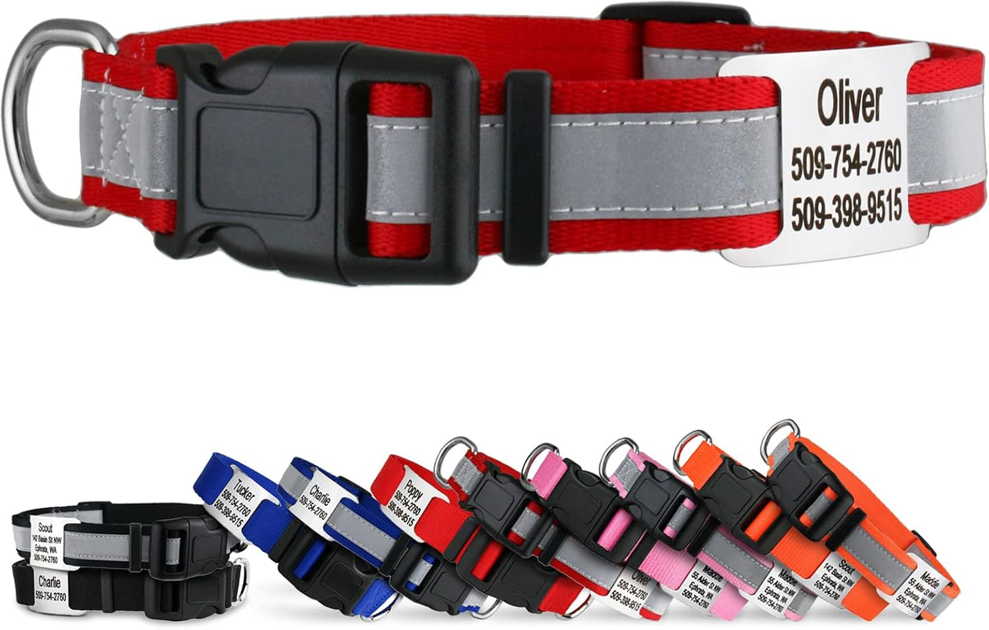 GoTags Reflective Personalized Dog Collar with Nameplate, Adjustable Dog Collar with Custom Engraved Steel Slide On Pet ID Tag, Silent, No Noise Dog Tag for Large Medium or Small (Red, Small)