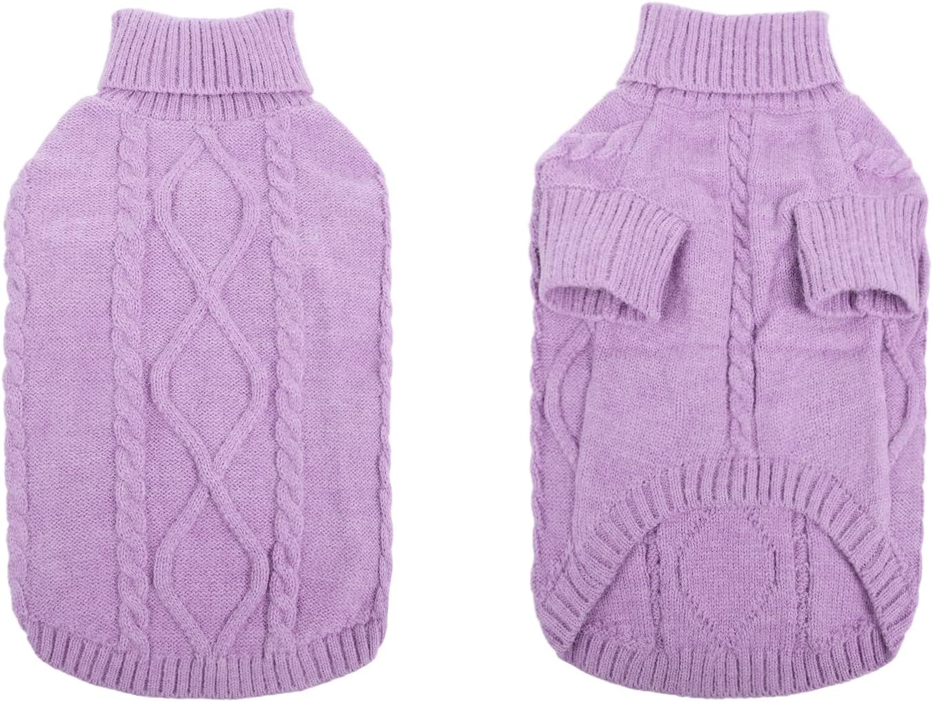 Queenmore Small Dog Pullover Sweater, Cold Weather Cable Knitwear, Classic Turtleneck Thick Warm Clothes for Chihuahua, Bulldog, Dachshund, Pug (Lilac, X-Small)