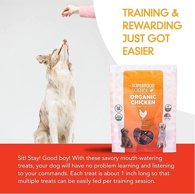 Organic Dog Treats, w/ Chicken, Sweet Potato, Turmeric, & Flaxseed, Low-Calorie, Grain-Free, Semi-Soft, Natural Dog Jerky, Healthy Dog Treats for Training Puppies, Small, Medium & Large Breeds, 5 oz