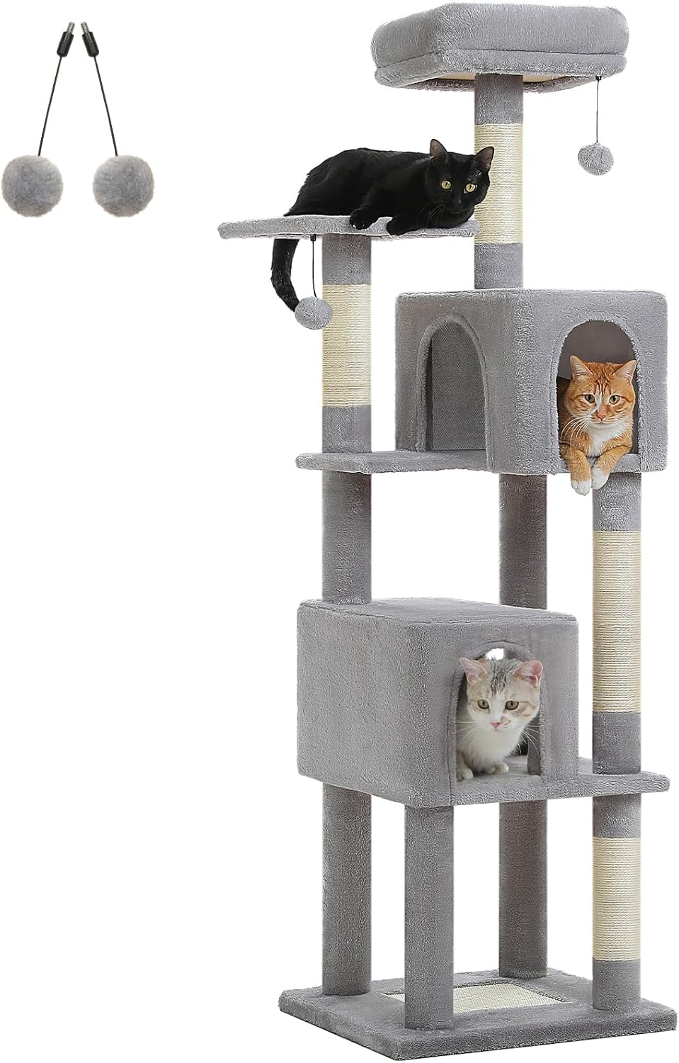 62-Inch Cat Tree for Indoor Cats, Large Cat Tower with Scratching Posts for Large Cats, 2 Bigger Plush Condos, Padded Platform, Soft Cat Bed and Scratching Pad, 2 Pompoms, Gray