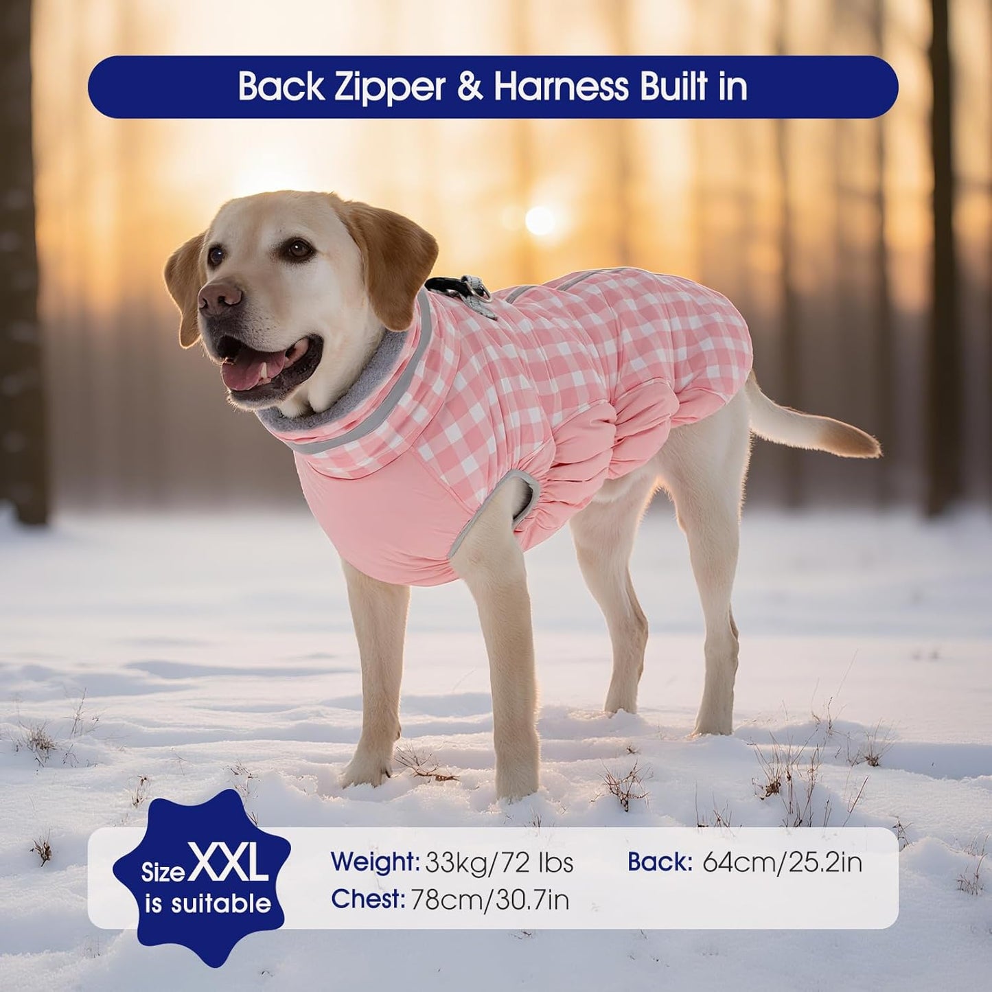 FUAMEY Dog Coat for Large Dogs,Waterproof Dog Winter Jacket with Harness Built in Puppy Cold Weather Coats Reflective Pet Vest with Zipper Warm Fleece Dogs Snowsuit Windproof Pink Plaid XL