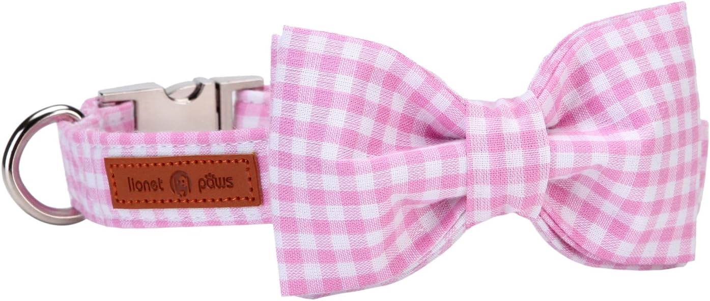 Lionet Paws Dog Collar with Bowtie, Comfortable Adjustable Cute Pink Gingham Bow Tie Collar for Female Dogs Gift, Large, Neck 16-24 inches