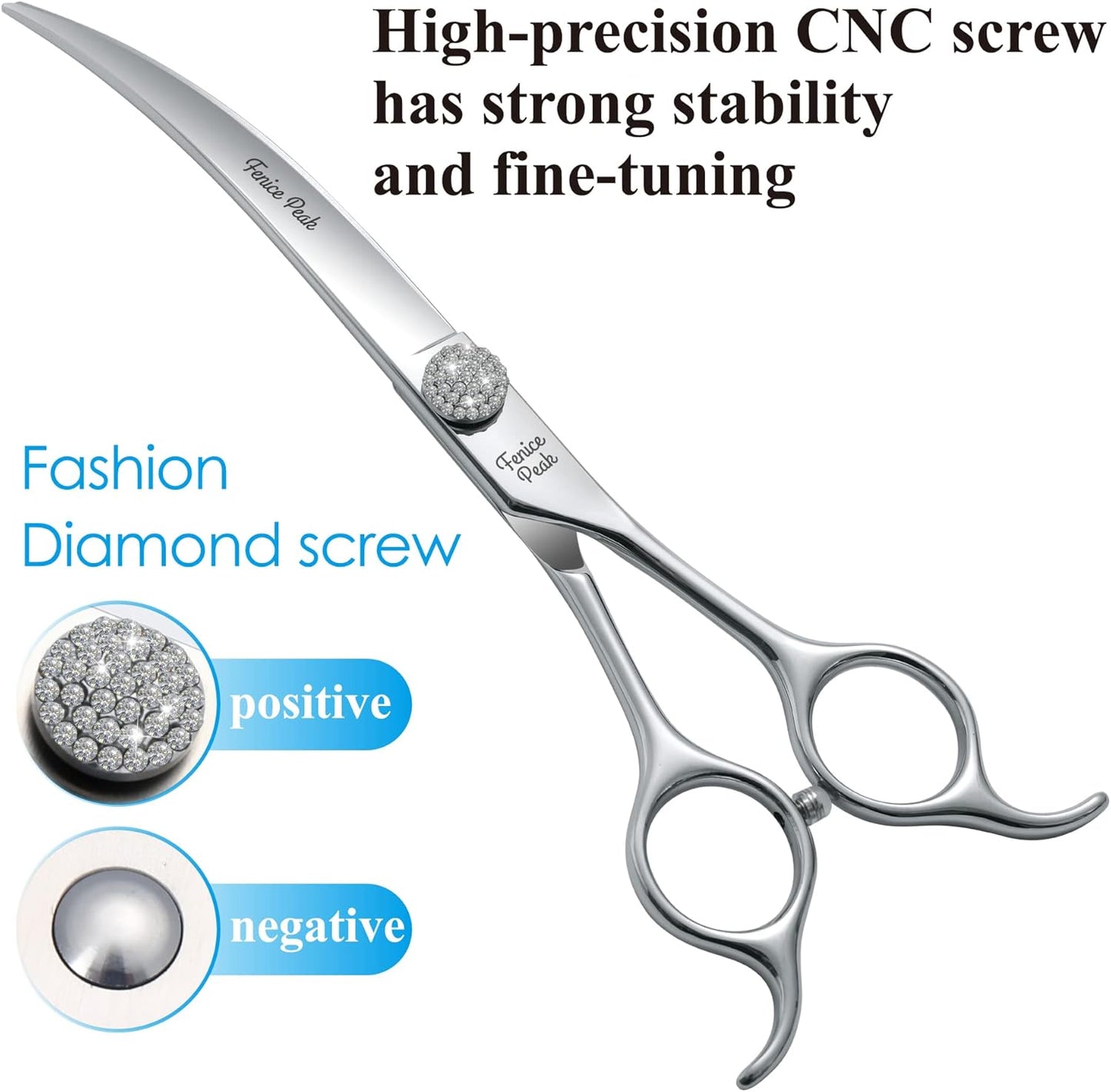 Fenice Peak 6.5‘’ Extra Curved Dog Grooming Scissors with Jewelled Screw 440C Stainless Steel Pet Grooming Bending Scissors with Symmetrical Handle for Professional Groomer and Home User