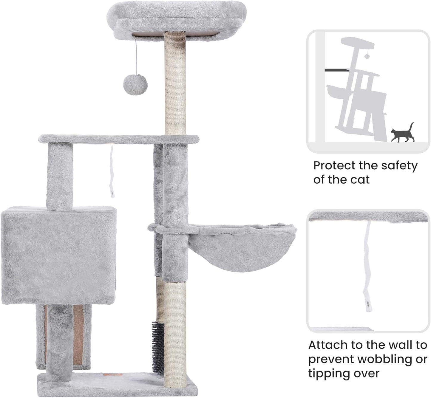 Heybly Cat Tree with Cat Self Groomer Brush, Cat Tower Condo for Indoor Cats with Padded Plush Perch, Cat House with Basket Scratching Board Post, Light Gray HCT005SW