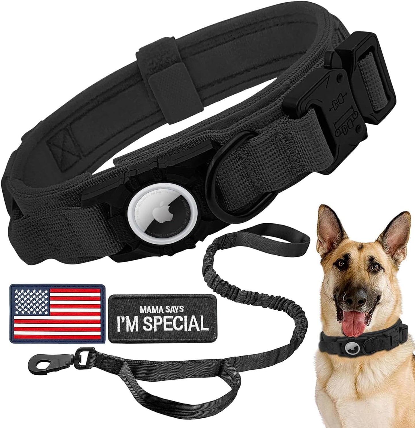 Tactical AirTag Dog Collar Leash Set - Heavy Duty, Adjustable GPS Collar Compatible with Apple AirTag, with Holder & Control Handle for Medium/Large Dogs [Black, XL]