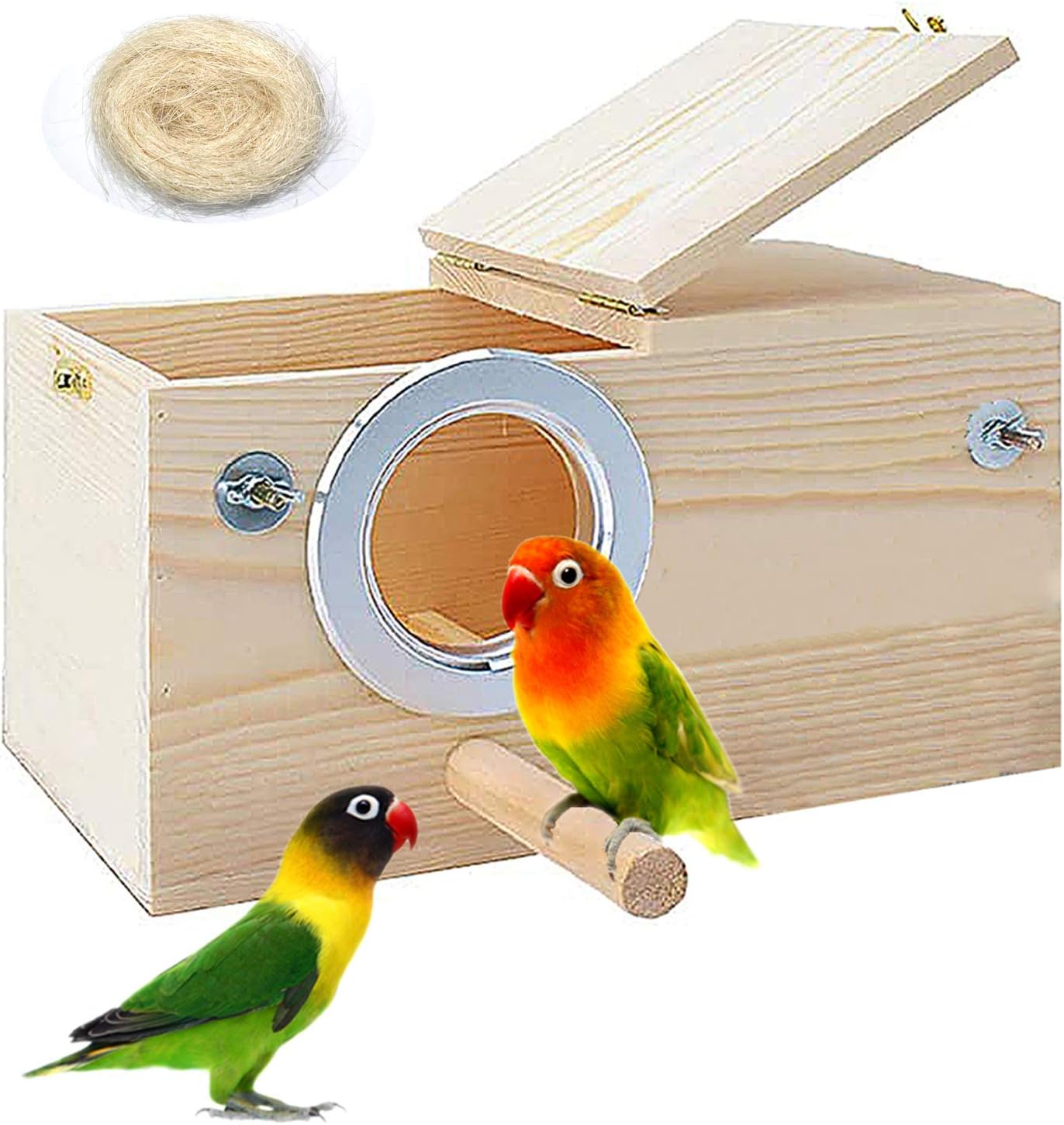 PINVNBY Parakeet Nesting Box Bird House Wood Breeding Box Parrots Mating Box for Lovebirds,Cockatoo,Budgie, Finch,Canary and Medium-Sized Birds(L)