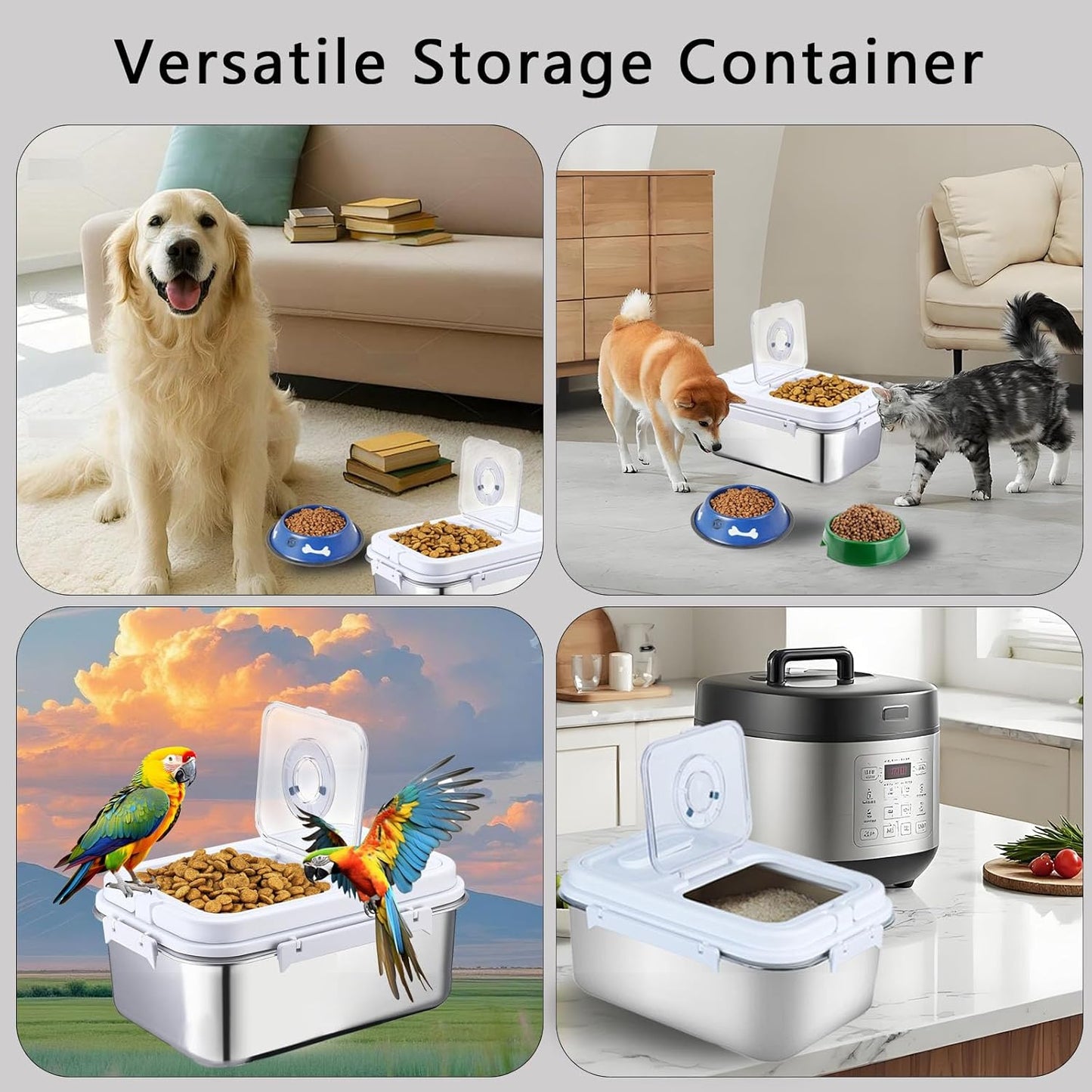 Sanbo Pet Food Storage Container 10L & 7.5L | Stainless Steel Airtight Bin with Scoop & Time Dial | Dog/Cat Food Keeper 2-Pack Sliver