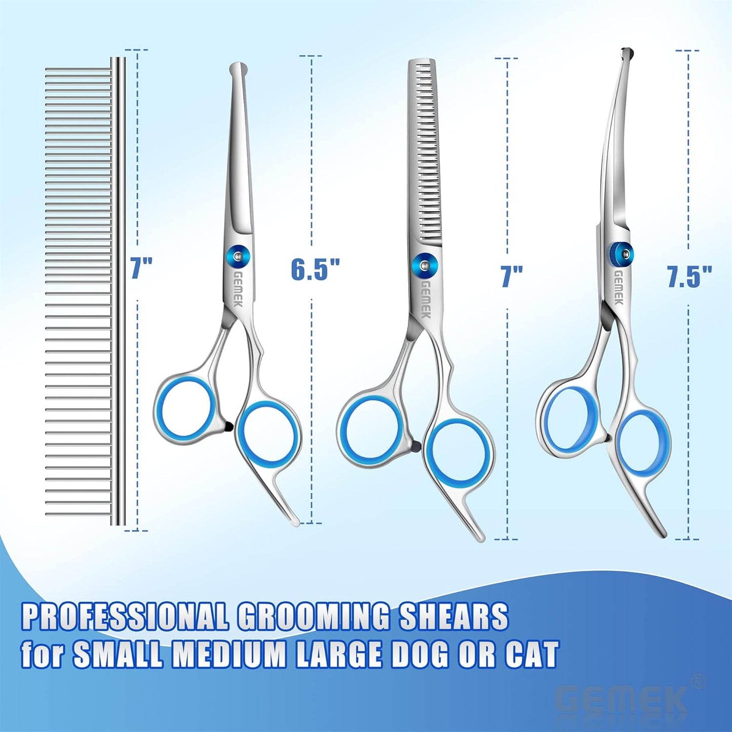 GEMEK Professional 5 in 1 Dog Grooming Scissors Set with Safety Round Tips, Sharp and Heavy-duty Pet Grooming Shears for Cats (Blue)