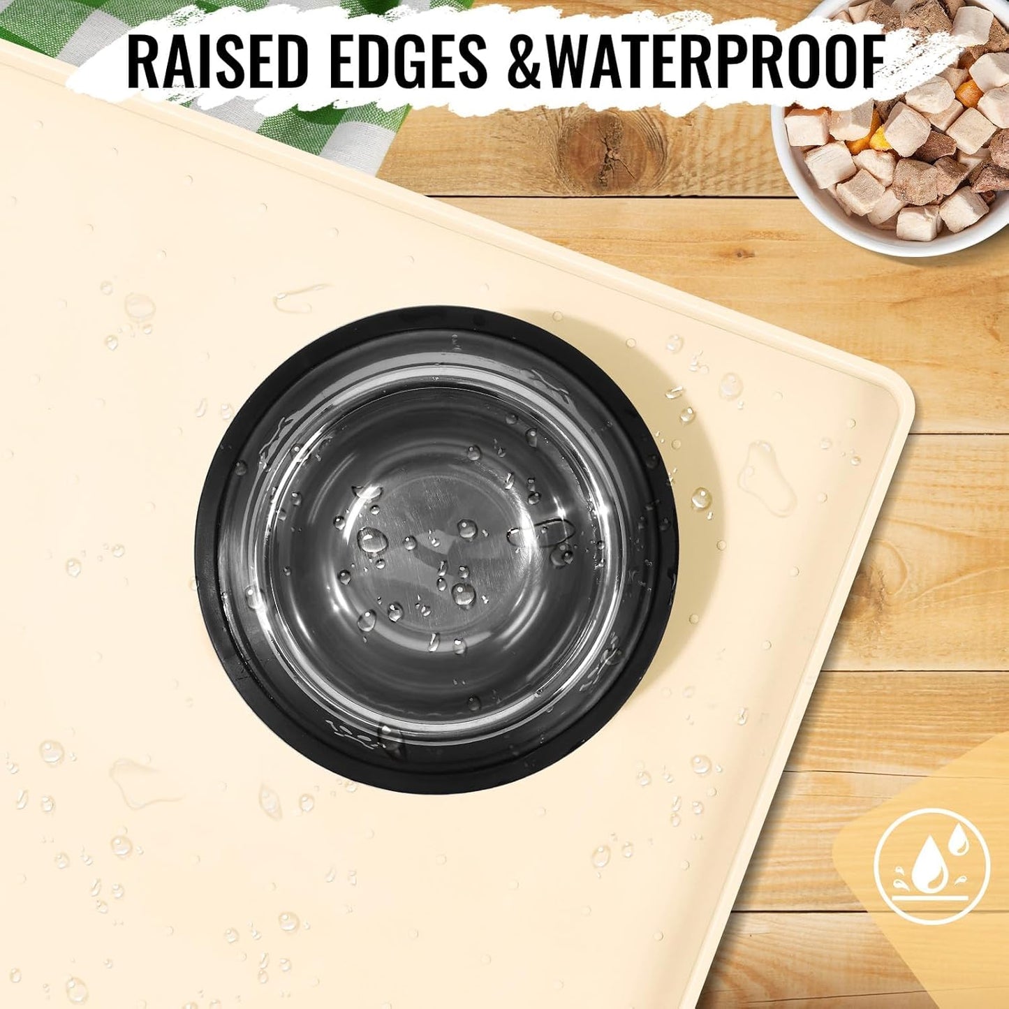 MateeyLife Dog & Cat Food Mat, Waterproof & Nonslip Silicone Feeding Mats for Dogs and Cats, Raised Edge Tray for Messy Drinkers, 18"x12", Beige